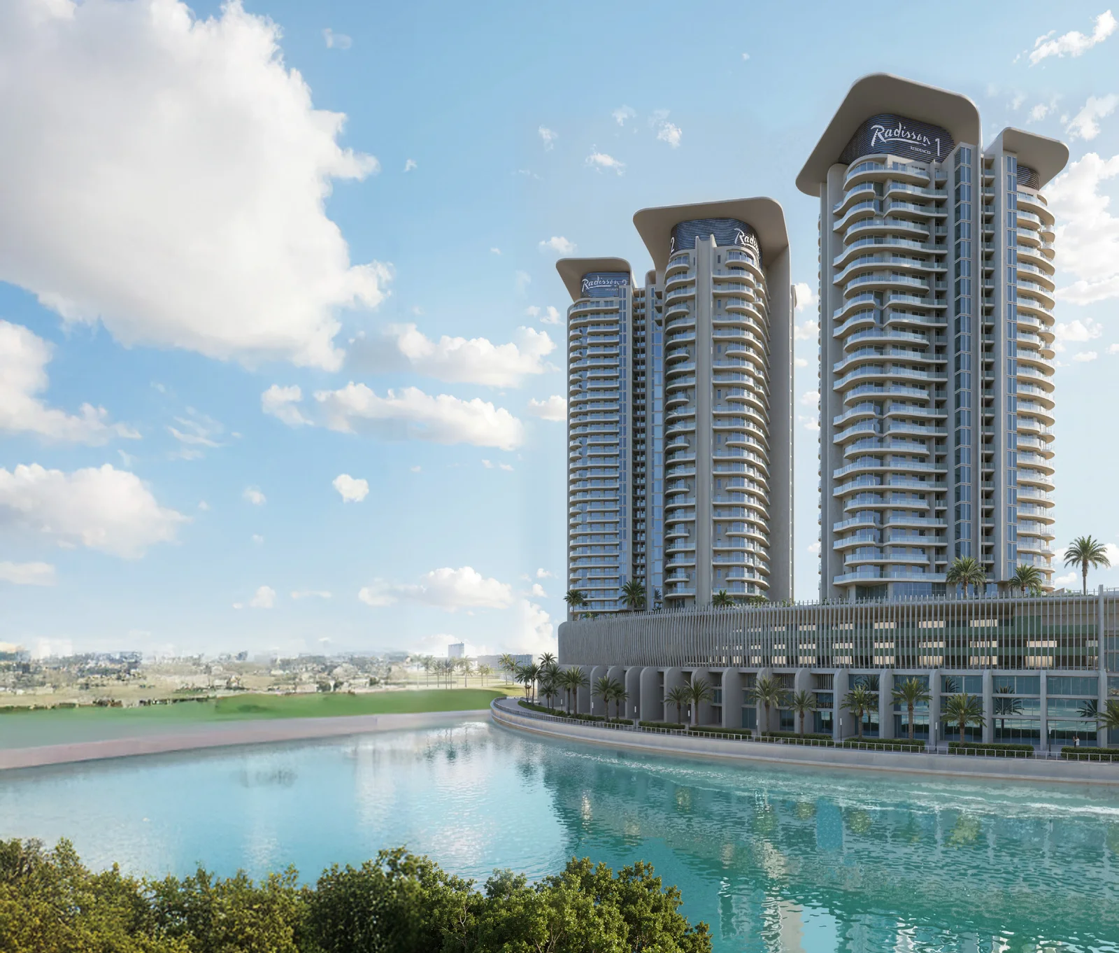 Official developer render of Radisson Residences Reem Island along the waterfront, Al Reem Island